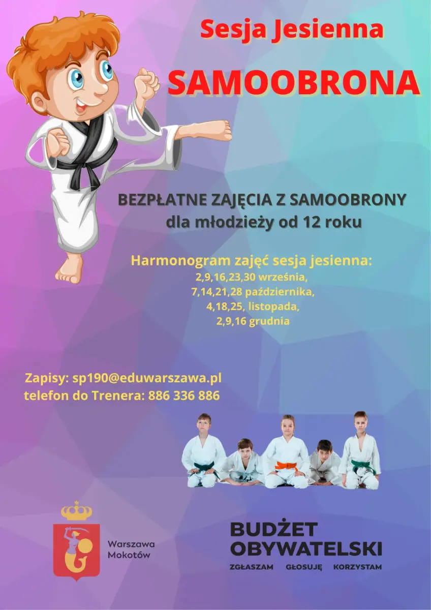 Plakat zapraszający na bezpłatne zajęcia z samoobrony dla młodzieży od 12 roku